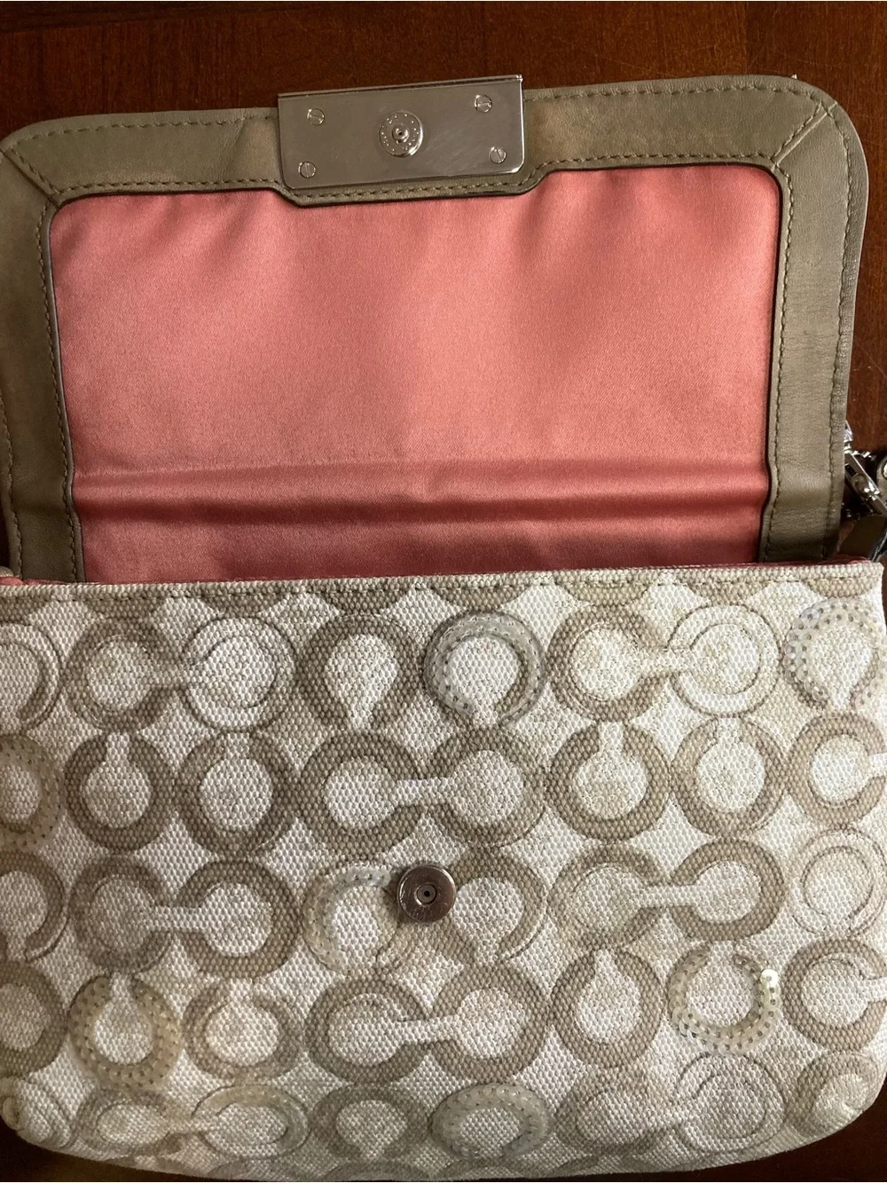Coach Kristin Op Art Sequin Sling Pack Crossbody Bag #45088 Taupe Monogram EUC